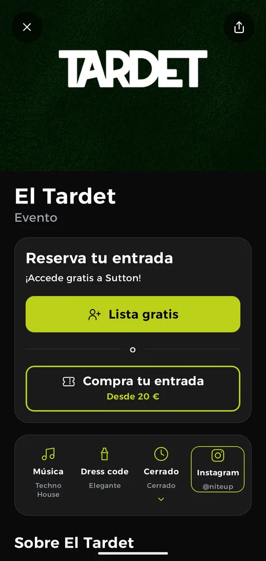 Ficha de un evento en la app NiteUp