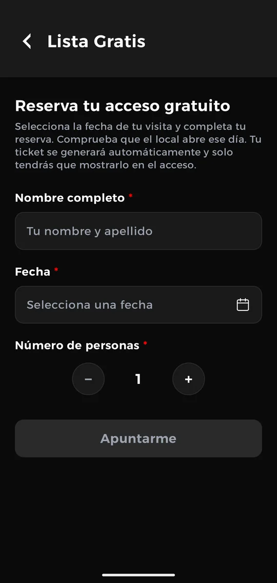 Formulario de lista gratis en la app NiteUp
