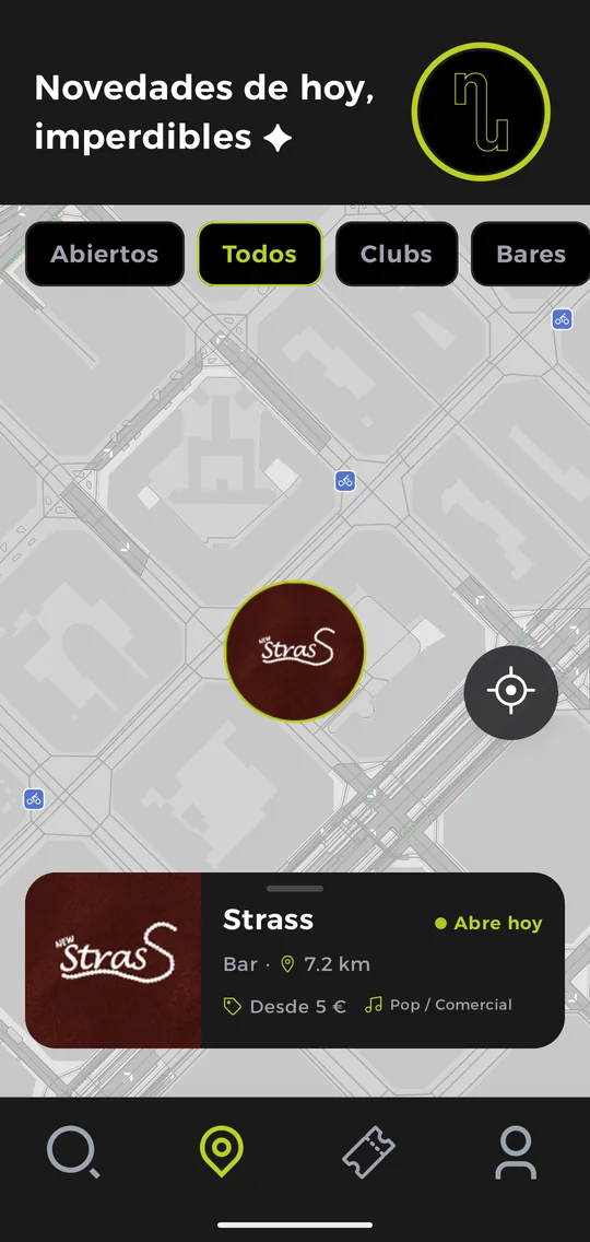 Mapa con los locales y su tarjeta de información en la app NiteUp